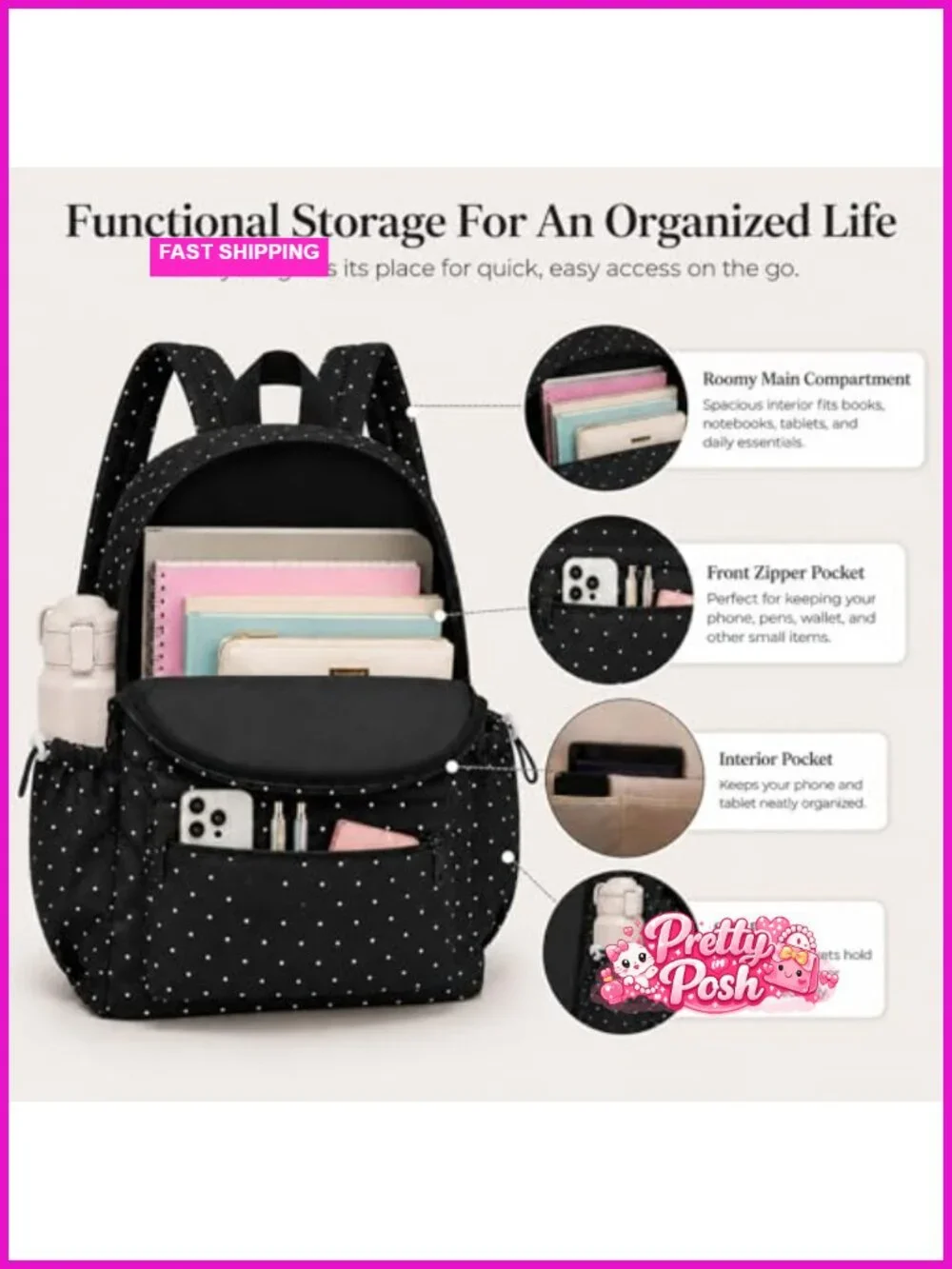 Polka Dot Nylon Backpack with Bow for Women College Daypack